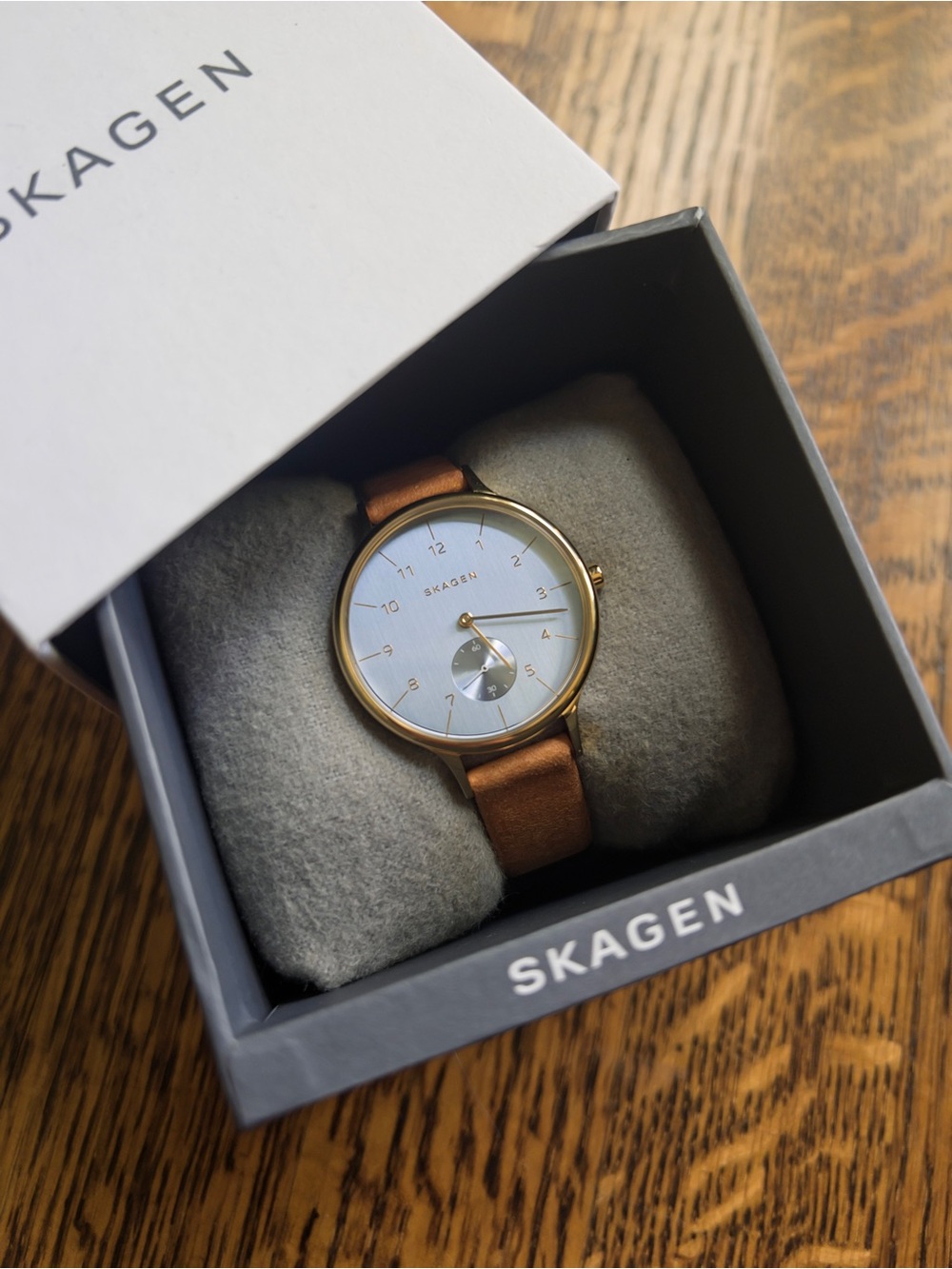 Skagen Denmark Anita Wristwatch, Leather Strap, Blue Chrome with Gold Hardware